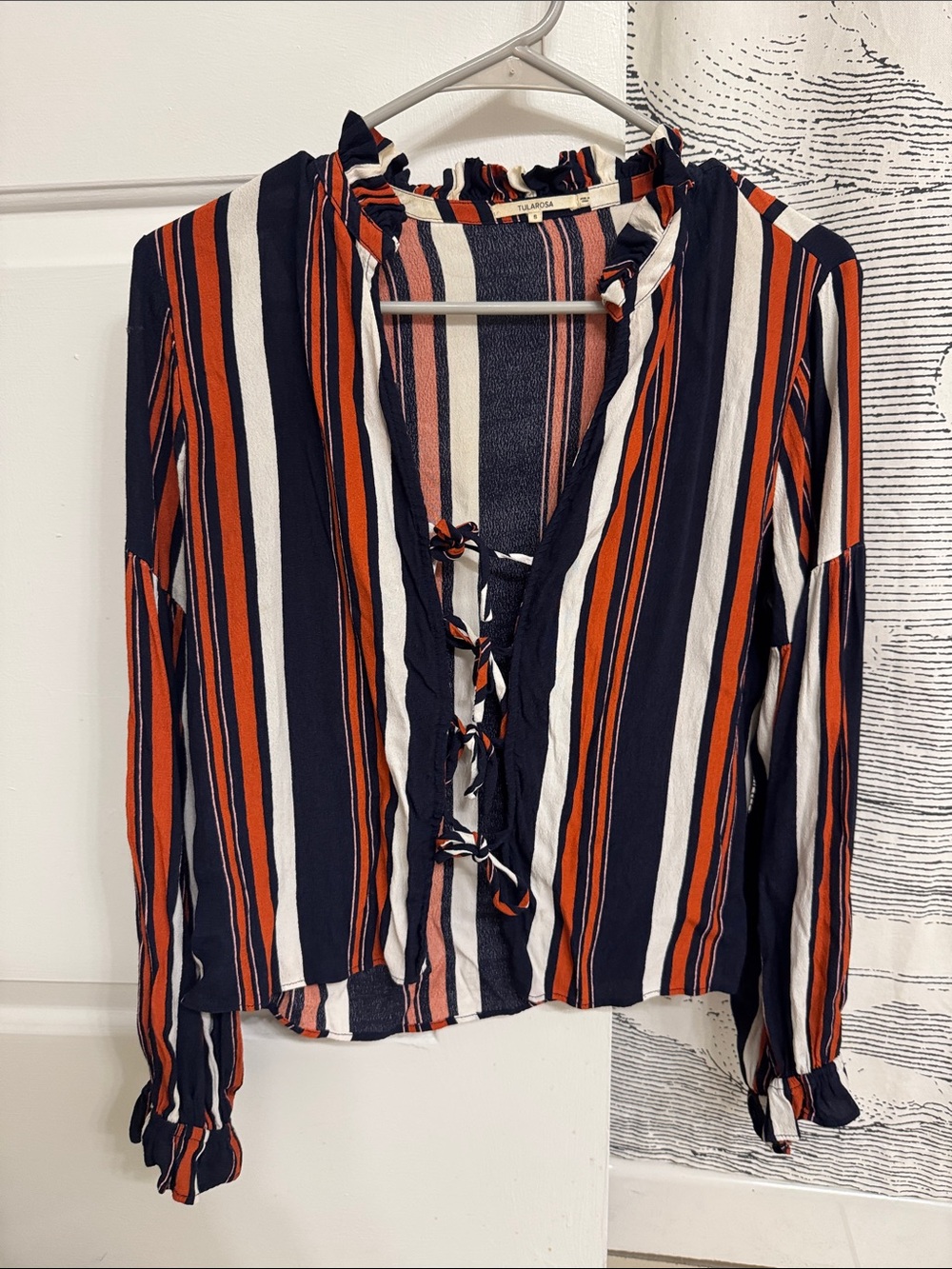 Tularosa Navy Cream and Rust Striped Tie-Front Blouse